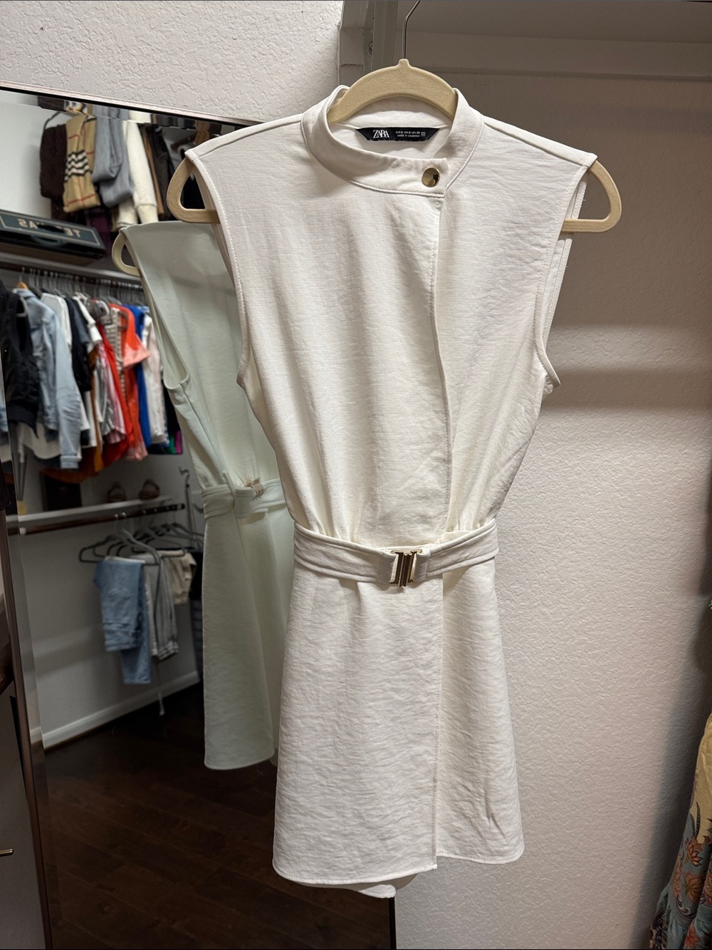 Zara Cream Sleeveless Belted Mini Dress